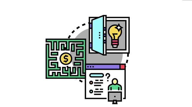 Vector depicting the process of developing an innovative solution concept by navigating a complex business maze to achieve financial success and resolving user problems through creative i