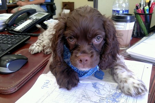 Cute brown puppy dog with blue collar resting on an office desk filled with papers