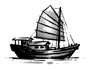 Traditional oriental junk boat sailing vessel Vintage Photocopy Vector with Distressed Ink Texture © Kaja