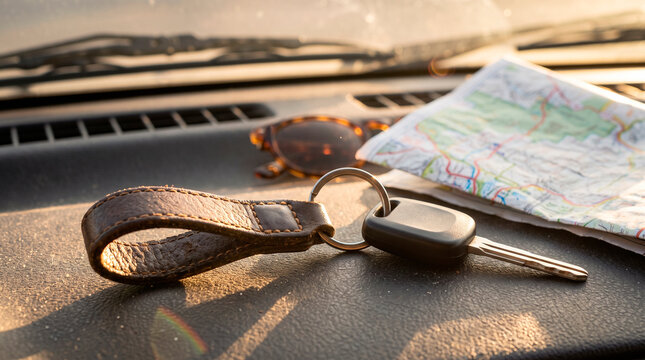 Car keys and a map on a car dashboard
