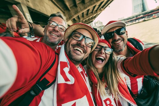 Excited sports fans taking a selfie together wearing red scarves and jerseys outdoors