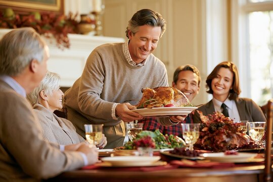 Family gathering around a dining table while a man serves a roasted turkey during a dinner