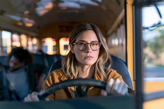 Focused woman driving a school bus while looking straight ahead with concentration