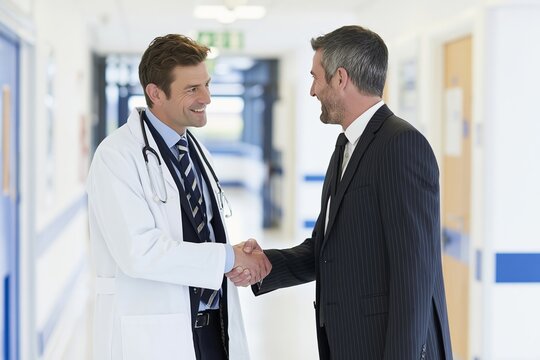 Friendly doctor shaking hands with a businessman in a dark suit in a bright hospital hallway