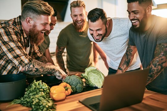 Group of cheerful male friends cooking together in a kitchen using a laptop