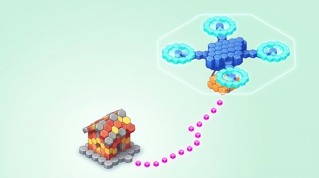 Isometric 3D drone delivery concept made of hexagonal blocks delivering a package to a small voxel house as graphic resources