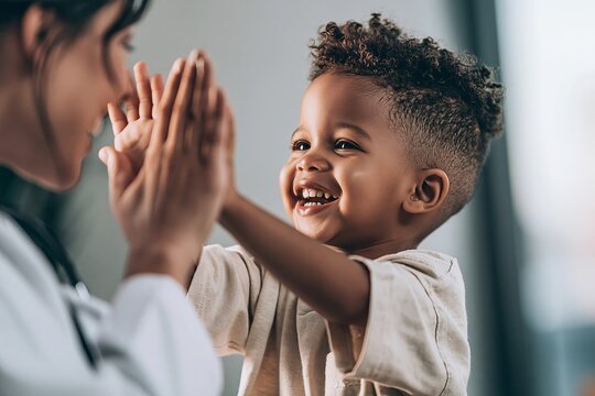 Happy toddler boy smiling while playing high five game with a female doctor in clinic office