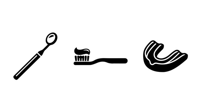 Dental Care Icons Set Featuring A Mouth Mirror Toothbrush And A Sports Mouthguard