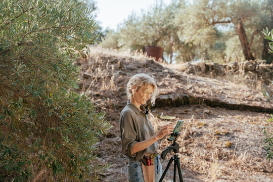 Female Content Creator Using Smartphone on Tripod in Sunny Olive Grove