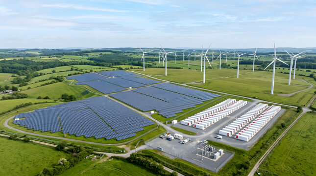 Aerial view of solar farm, wind turbines and battery storage