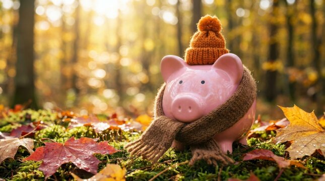 Pink Piggy Bank Wearing Knitted Hat and Scarf in Autumn Forest with Fallen Leaves, Representing Savings and Financial Planning for Cold Seasons, concept of financial preparedness for colder seasons