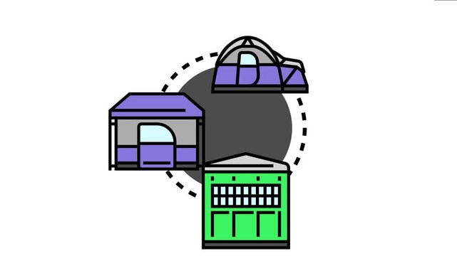 Vector featuring camping tents and a portable toilet, outlining essential equipment for a comfortable outdoor lodging experience and temporary accommodation