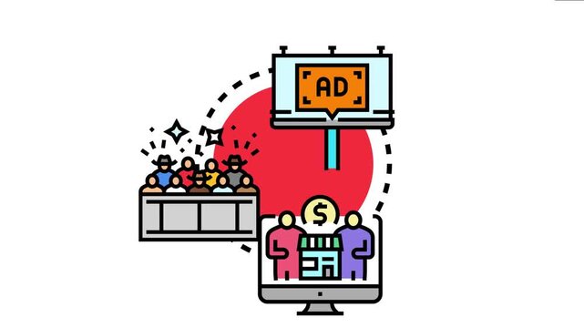 Market audience drawing customer attention with advertising, reaching people in different settings including live events and online digital storefronts to increase sales