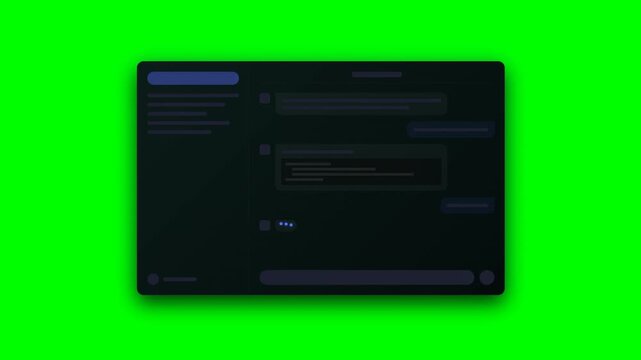 High end messaging app desktop web interface skeleton loader. Features a dark mode glassmorphism layout, sidebar history, animated code blocks, bouncing typing indicators, and a seamless 10second loop