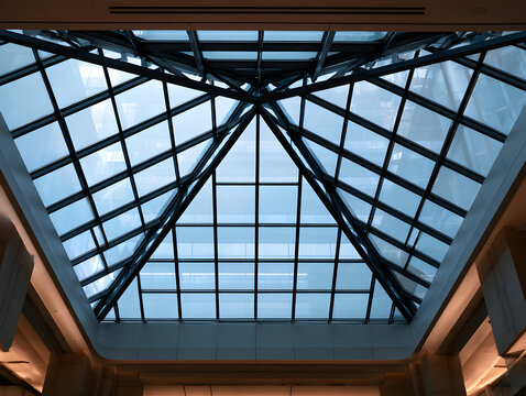 A triangular glass skylight roof over a mall concourse is folded, featuring laminated panes held together by graphite steel trusses