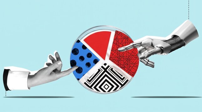 Human hand and robotic arm touching split circle chart with varied textures for collaboration and human machine interaction.