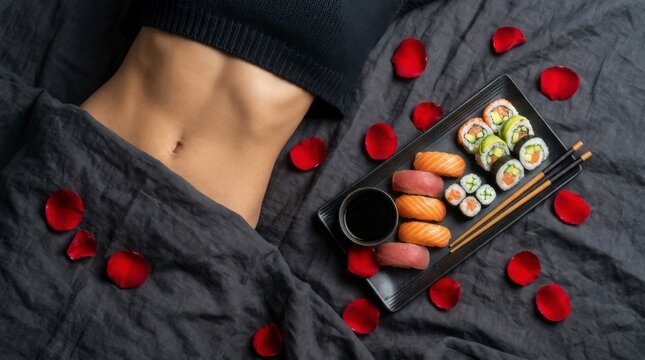 Woman's bare abdomen and midsection lying in bed with a platter of sushi, maki, and nigiri, surrounded by red rose petals on dark gray sheets, creating a romantic and indulgent scene, concept of roman