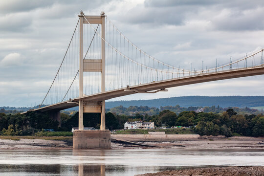 Beachley peninsula and Severn Bridge suspension bridge viewed from Aust Beach