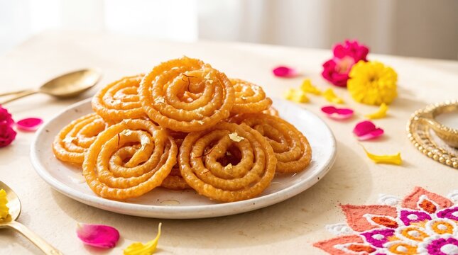 Indian jalebi sweets arranged on a plate, Indian festival celebration, Diwali dessert, traditional cuisine, golden crispy spirals, festive food, sweet treat