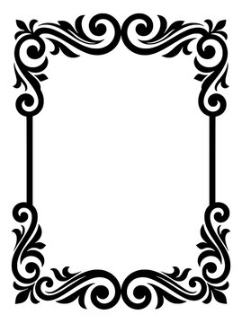 Ornate black scrollwork frame with decorative baroque floral swirls and vintage filigree borders on a white background for invitations, certificate design, and elegant borders.