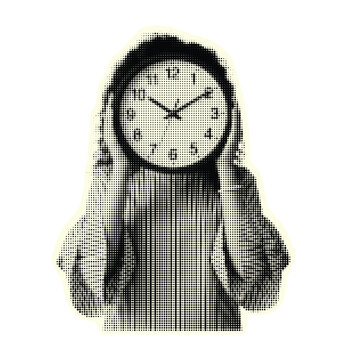 Woman clock face for a head holding. Halftone collage element. Vector.