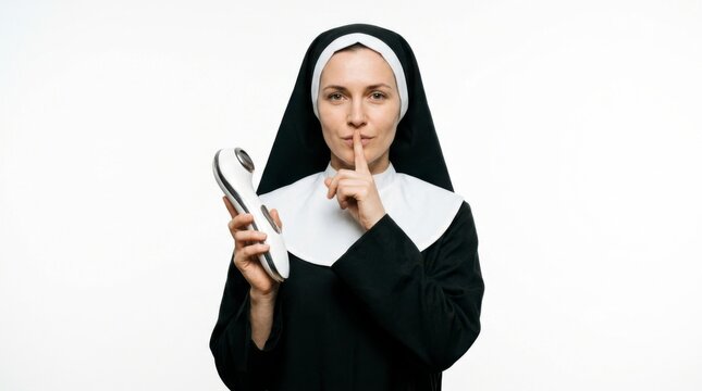 Serious nun in traditional habit holding a modern smartphone and making a shush gesture with finger on lips, isolated on white background, concept of unexpected communication and modern spirituality