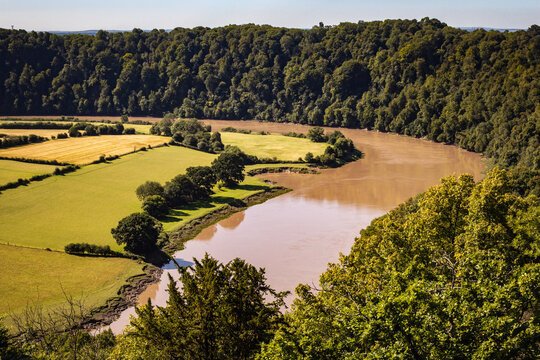 River Wye curve and pastoral fields viewed from Lower Wyndcliff viewpoint
