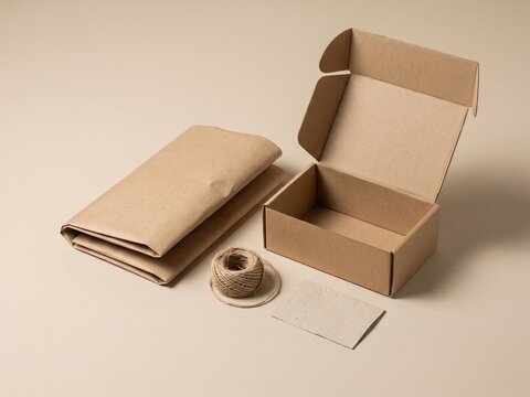 Eco-friendly brown craft packaging box, craft paper bubble mailer, natural twine spool, minimalist beige background, sustainable shipping supplies set