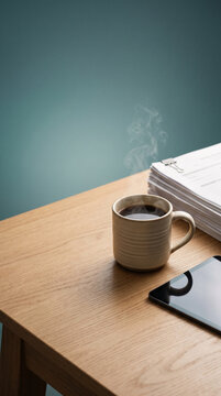 Hot Coffee Mug and Documents on Desk