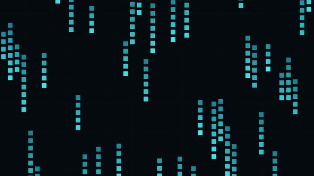 Blue digital data stream with falling square pixels on dark