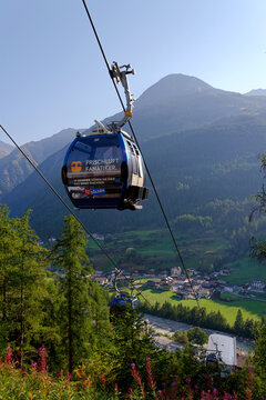 Gaislachkogelbahn gondola cabins ascending Mount Gaislachkogl to 007 Elements, an interactive cinematic installation dedicated to James Bond on sunny day on August 12, 2026 in Solden, Austria.