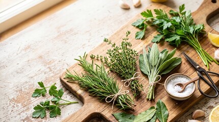 Fototapeta premium Bundles of fresh culinary herbs and loose leaves on a rustic kitchen worktop, cooking ingredients, aromatic seasoning, Thanksgiving.