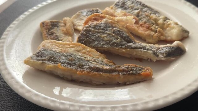 Fried fish fillets whitefish hake seafood pescatarian diet healthy eating, nutritious meals delicious appetizers, fresh ingredients gourmet cuisine, traditional dishes food background top view copy sp