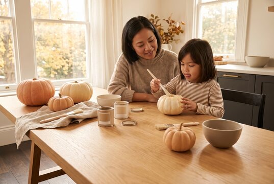 Mother and daughter painting pumpkins creating fall decorations