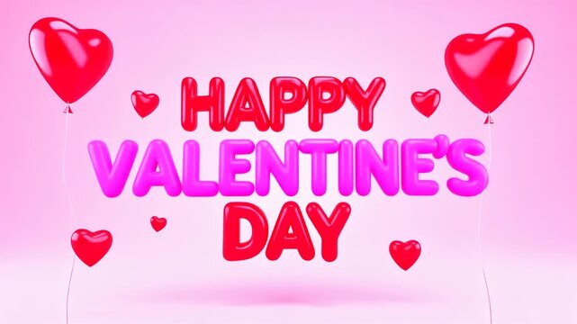 Happy Valentine's Day animated video motion graphics with 3d text and hearts with balloons and pink background motion footage for social media video content and website animated video banner