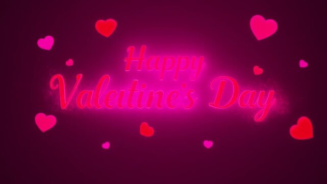 Happy valentines day neon style animation video motion with glowing pink hearts on dark background with romantic typography and festive motion graphics for holiday celebration and love events