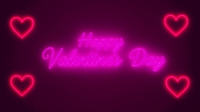 Happy Valentines Day neon sign animation video with animated glowing hearts on black background, bright colorful hearts dancing on screen, seamless loop for Valentines day social media video content