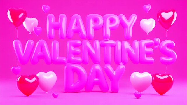 3d typography animation happy valentines day video motion greeting card with floating glossy pink white red heart balloons isolated on bright magenta background festive holiday celebration video