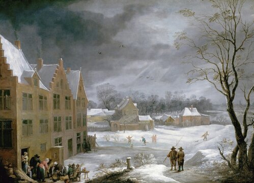 Winter scene with a man killing a pig, painting by David Teniers (baptised 15 December 1610 in Antwerp, died 25 April 1690 in Brussels), Flemish painter, draughtsman and curator. He was an innovator in a variety of genres such as history painting, genre painting, landscape, portrait and still life. He is most remembered today as the leading Flemish genre painter of his time, reproduction from a 17th century painting. Authentic, file restored for optimal use, exact date of original unknown