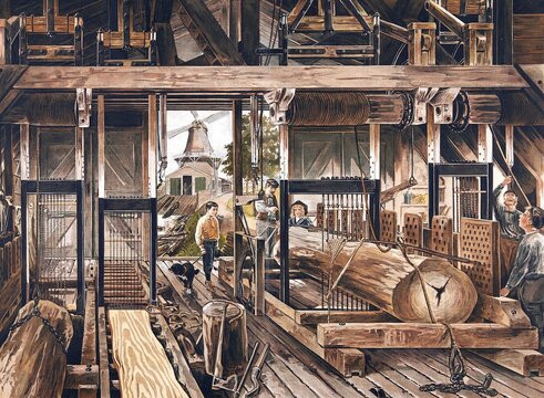 Illustration vividly illustrates the traditional craft and mechanics of a Dutch windmill, which is used as a sawmill, paltrok mill or coker windmill. In the center, you can see the entrance of large tree trunks, which are dismantled into boards using a mechanical, wind-driven saw, multiple frame saw, school picture, illustration, reproduction of a model from the 19th century. School picture, mural, authentic, file restored for optimal use, exact date of original unknown, historical