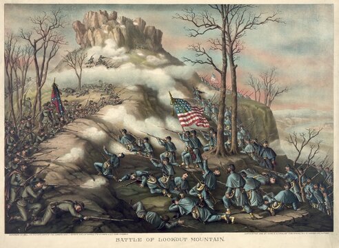 The Battle of Lookout Mountain, which took place on 24 November 1863 during the American Civil War. Historical context Conflict: American Civil War (War of Secession) . Location: Lookout Mountain near Chattanooga, Tennessee.Parties involved: Union forces under General Joseph Hooker fought against Confederate forces under General Braxton Bragg. Distinguishing features of the battle: Nickname: Battle Above the Clouds.Weather: Thick fog and low-hanging clouds shrouded the mountain on that day.Outcome: A decisive victory for the Northern States, which paved the way for the lifting of the siege of Chattanooga. American history, authentic, digitally restored reproduction from a 19th-century original, exact date of the depiction unknown, historical