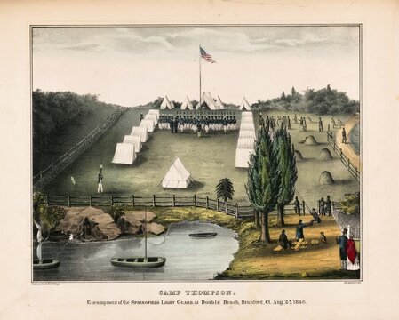 Camp Thompson military camp of the American militia Springfield Light Guard on a beach in Branford, Connecticut. an accurately set up tent camp with soldiers in formation, surrounded by fences, a flag and people and rowing boats on the water in the foreground, 1846, authentic, digitally restored reproduction in high resolution from a 19th century original, exact date of presentation unknown, American history, historical
