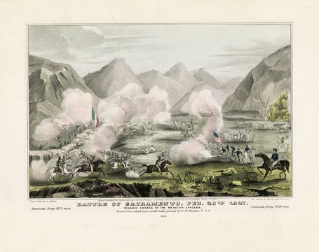 Color lithograph document showing the Battle of Sacramento, Feb. 28th 1847 &mdash; Terrific Charge of the Mexican Lancers from the Mexican-American War. The Battle of Sacramento took place near Chihuahua in Mexico on February 28, 1847. Conflict: A decisive engagement during the Mexican-American War in which American troops under Colonel Alexander William Doniphan were victorious. The American Army comprised around 924 men, the Mexican Army around 4220 men, American history, authentic, digitally restored reproduction from a 19th century model, exact date of depiction unknown, historical