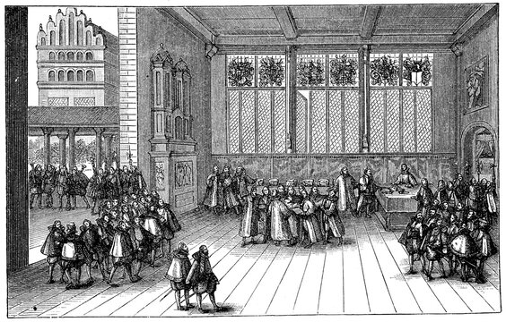 In 1570 a peace congress was held in Szczecin, which led to the ending of the War of the Three Crowns between Denmark and Sweden by the Peace of Szczecin, Historical, digitally restored reproduction of a 19th century original, exact date unknown.