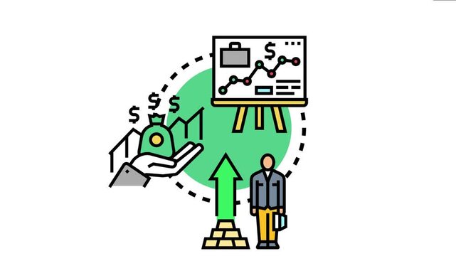 Financial manager analyzing outstanding dividends, demonstrating investment growth, profit, and wealth accumulation with a rising chart, money bag, and gold bars