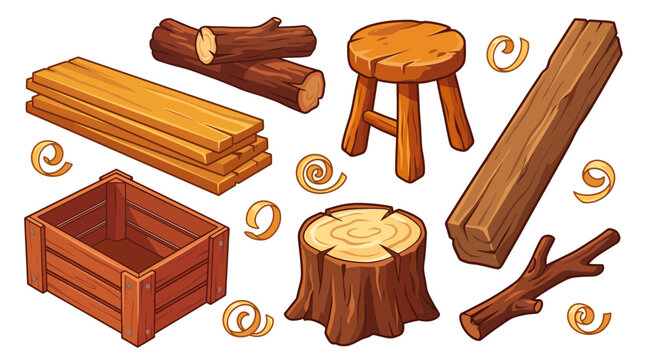 Colorful vector illustration featuring diverse wooden objects like lumber planks logs stool crate stump and wood shavings