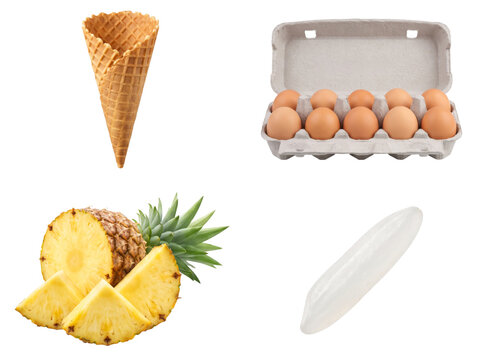 Assorted food items featuring eggs pineapple and waffle cone