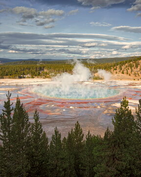 Whole view from Grand Prismatic Spring Overlook of the colorful, steam-shrouded, eponymous hot spring. Midway Geyser Basin-Yellowstone NP-WY-USA-040