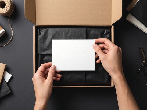 Hands placing blank white card into cardboard delivery box with black
