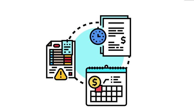 Overdue payment concept displaying a calendar with an expired due date, a warning sign on financial documents, and a clock indicating a late fee